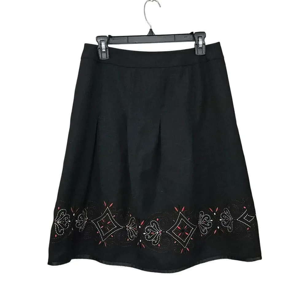 Loft Black Embroidery High Waist Pleated Flare Skirt Below the Knee  Sz 4 Small